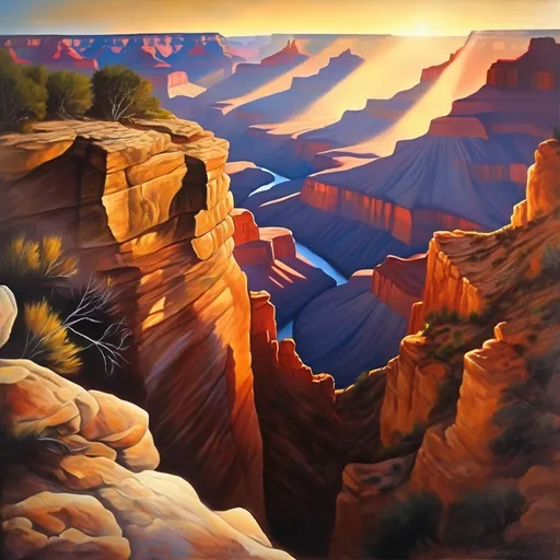 Prompt: Grand Canyon viewed from the very bottom, oil painting, exquisite rock formations, high quality, ultra-detailed, expansive landscape, realistic, majestic sunset, warm and vibrant tones, soft shadows, immense scale, natural wonder, breathtaking scenery, professional, atmospheric lighting