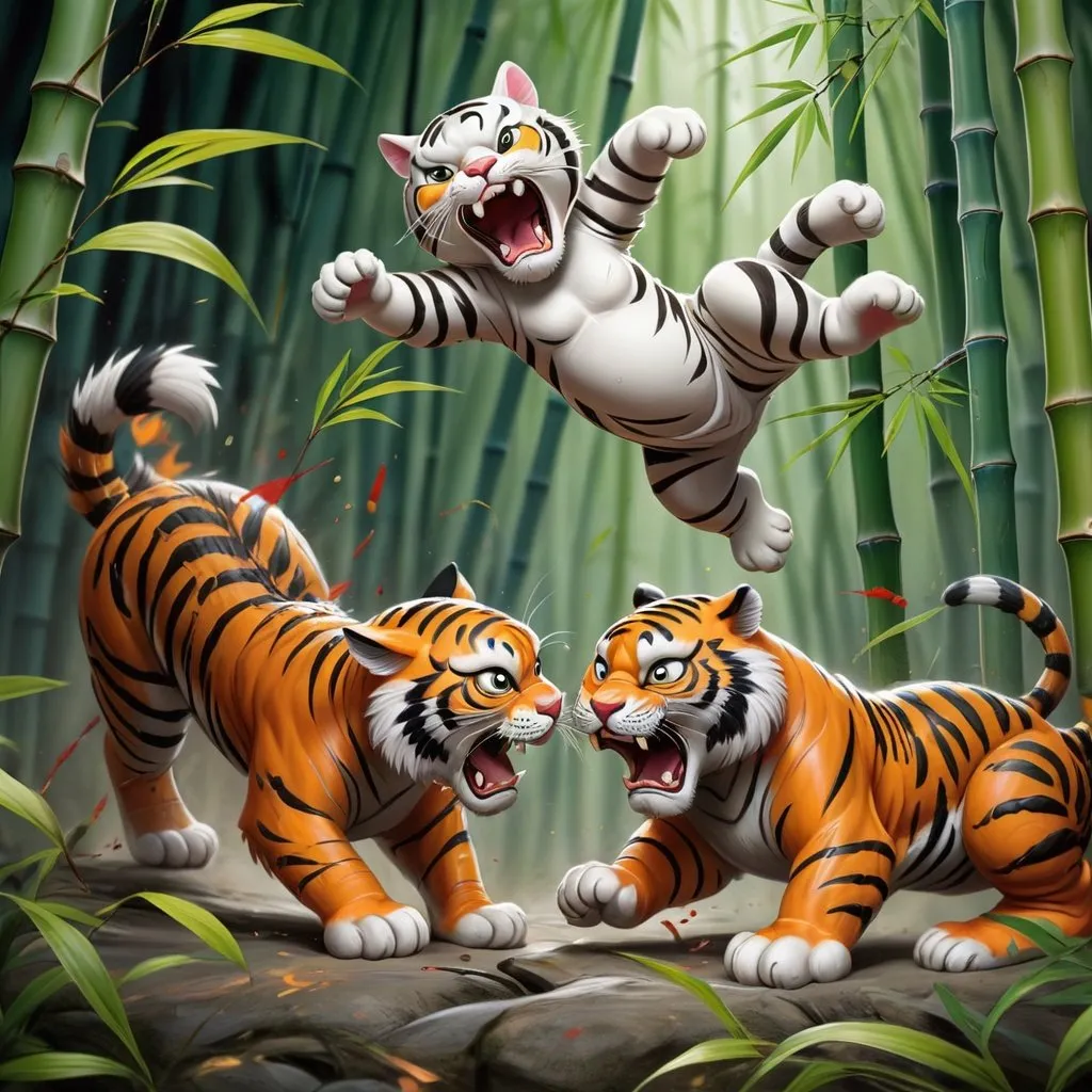 Prompt: small Colorful kung fu baby kitten fighting a large tiger in a bamboo forest, traditional chinese colorful painting, intense battle scene, high action and detail, monochrome, dynamic ink strokes, bamboo leaves swirling, fierce tiger, martial arts stance, high contrast, detailed fur, intense battle, black and white, traditional, energetic strokes, highres, action-packed, dynamic, intense