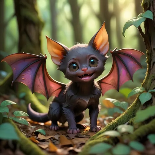 Prompt: Imagine a dark forest scene with small colorful fairy like Bat kitten lurking in mysterious forest where ancient trees sway gently in the breeze,
Envision a hidden pathway winding through the woods, dappled with soft sunlight filtering through the leaves above, casting enchanting patterns on the forest floor.
