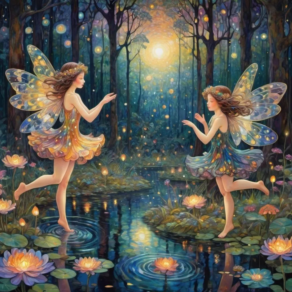 Prompt: small winged fairies characters in the style of Klimt dancing in deep dark multicolor forest,Amidst a quiet forest glade, fireflies in the background around the waters of a serene pond shimmer with kaleidoscopic reflections of the changing sky above. Each ripple, a testament to the wind's whisper, reshapes the radiant colors, embodying the transient nature of introspection. 