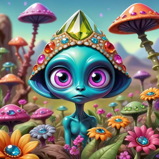 Prompt: Whimsical, cute alien, cartoon style, girlie ultra colorful diamond and gems bling, vibrant colors, large expressive eyes, playful demeanor, alien flowered landscape, otherworldly plants, best quality, high resolution, vibrant, cartoon, cute, whimsical, otherworldly, playful, expressive eyes, alien landscape, vibrant colors, professional