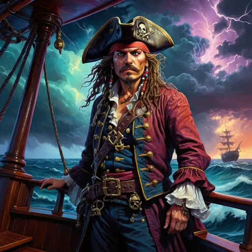 Prompt: Psychedelic contemporary artwork of close up view of mean looking gnarly pirate captain standing on the deck of his pirate ship, far out at sea in tremendous storm at night, Nicole Wharton's transformation, centered, painted, symmetry, intricate, volumetric lighting, dan mumford, marc simonetti style, astrophotography, rich deep colors, ultra detailed, sharp focus, beautiful masterpiece, psychedelic, contemporary, transformation, symmetry, intricate details