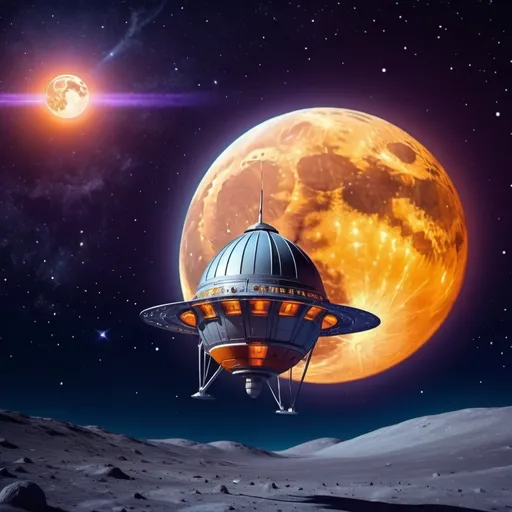 Prompt: (starship space capsule circling the moon among the stars), colorful orange moon, glowing heavenly scene, high contrast starry sky, vibrant colors, deep blues and purples, ethereal atmosphere, luminous starlight, dreamy and awe-inspiring mood, detailed celestial background, ultra-detailed, HD, 4K