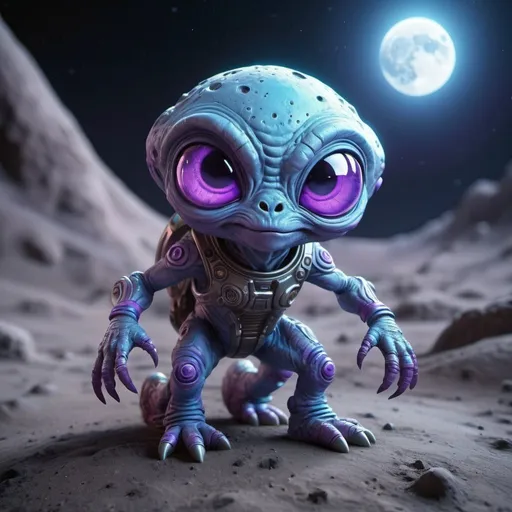 Prompt: ((best quality)), ((illustration)), ((masterpiece)), bright  colors, unreal engine, highres, cute alien creature on the surface of the moon, glowing blue and purple; highly detailed