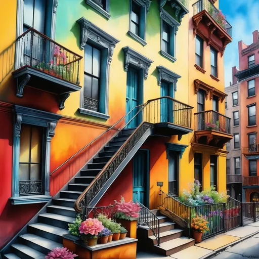 Prompt: (A fantastic portrait in colored ink of some steps in New York city), (houses with balconies, with flowers, wooden balconies),
(((Hyper-realistic and hyper-detailed elements, impressionist masterpiece, color and ink splash techniques, vibrancy and texture,
very nice pencil drawing Pencil and ink Pen and ink wash Pencil and pastel sketch Water color ))),(((32K, 18K, digital graphics, HD, HDR, UHDR )))) style art by Jasmine Becket- Griffith Josephine Wall, Charlie