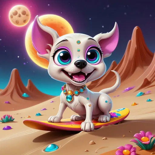 Prompt: Whimsical, cute happy moon doggie , cartoon style, surfing the sand waves on Mars, girlie ultra colorful diamond and gems bling, vibrant colors, large expressive eyes, playful demeanor, alien flowered landscape, otherworldly plants, best quality, high resolution, vibrant, cartoon, cute, whimsical, otherworldly, playful, expressive eyes, alien landscape, vibrant colors, professional