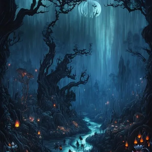 Prompt: Dark forest with glowing river, small dark gargoyle like creatures, fireflies, moonlit flowers, highres, fantasy, ethereal lighting, detailed nature, mystical, moonlit river, enchanting atmosphere, glowing flora, serene, dreamlike, fantasy creatures, moonlit scene, magical beings, surreal, whimsical, illuminated hill, mystical setting, moonlit landscape, fairytale, vibrant colors, soft moonlight