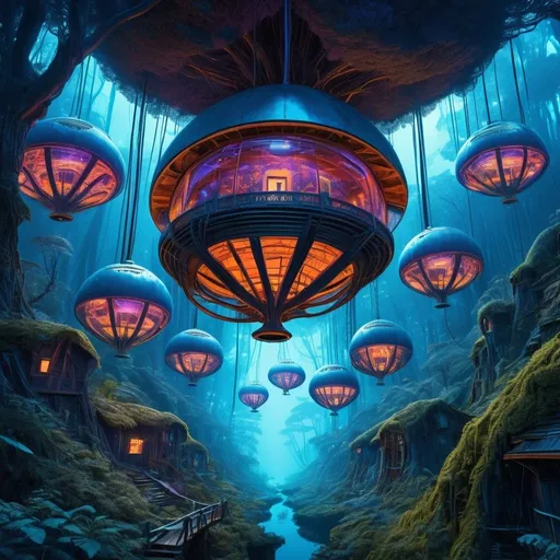 Prompt: Spherical alien houses suspended in blue forest canopy, rickety bridges, psychedelic, Moebius style, mysterious lights, surreal, detailed, vibrant colors, intricate designs, atmospheric lighting, highres, sci-fi, fantasy, surreal, alien settlement, suspended houses, mysterious lights, psychedelic imagery, Moebius style, intricate details, vibrant color tones, atmospheric lighting