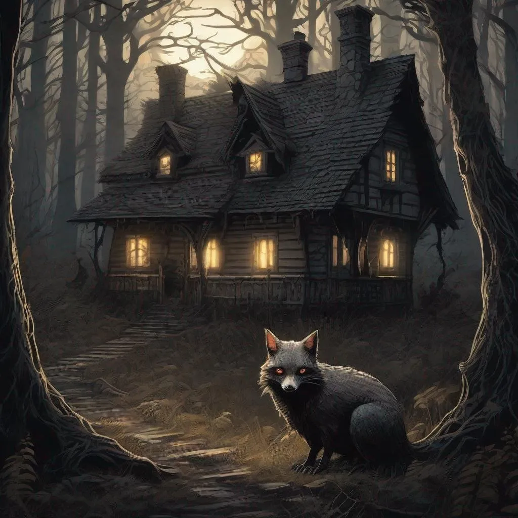 Prompt: Spooky woodland scary small goon animal with eerie glowing eyes, lurking in thick wooded stand of trees beside a small cottage with firelight glowing in windows, muted moonlight, deep forest, high quality, dark and eerie, detailed eyes, atmospheric lighting