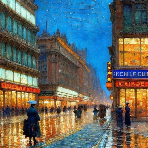 Prompt: Childe Hassam style painting of a bustling city street, impressionist brushwork, vibrant colors, mixes of blues and greens, bustling atmosphere, detailed architecture, lively street scene, high quality, impressionism, vibrant colors, bustling street, detailed architecture, atmospheric lighting