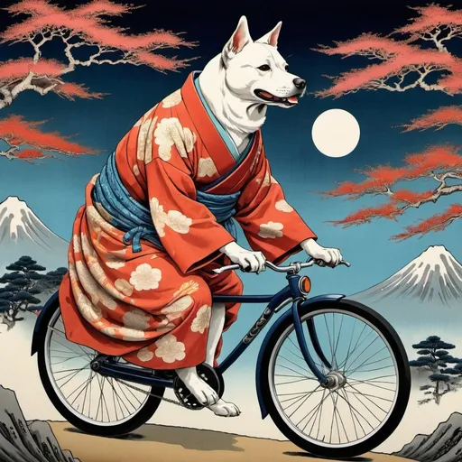 Prompt: a dog riding a bicycle in vibrant ukiyo-e style, surreal and dreamlike, intricate details on traditional clothing, flowing robes with ethereal patterns, bold and vibrant colors, detailed brushstrokes, high-res, detailed, ukiyo-e, surreal, moonwalker, vibrant colors, intricate designs, traditional clothing, dreamlike, detailed brushstrokes, surreal and dreamlike, vivid colors, vibrant ukiyo-e, detailed traditional clothing, high-quality, surreal and dreamlike, detailed brushstrokes