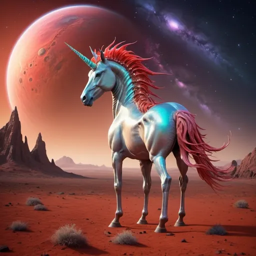 Prompt: (alien unicorn), vibrant cosmic colors, majestic horn shimmering with starlight, stunning surreal landscape, Martian red soil beneath, towering alien flora, otherworldly atmosphere, ethereal glow illuminating the scene, high definition, ultra-detailed, imaginative and dreamlike ambiance, blending fantasy with science fiction, creating a sense of wonder and exploration.