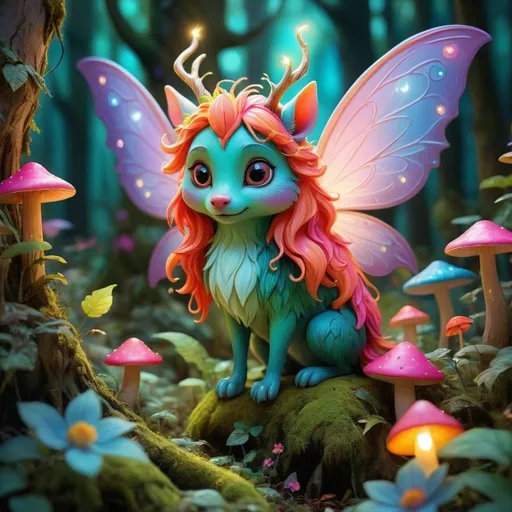 Prompt: Fantasy forest with cute mythical creature, vibrant and dreamy colors, whimsical art style, fairy-tale setting, magical lighting, ultra-detailed, enchanting, mystical, cute creature, fantasy forest, vibrant colors, dreamy, whimsical, fairy-tale, magical lighting