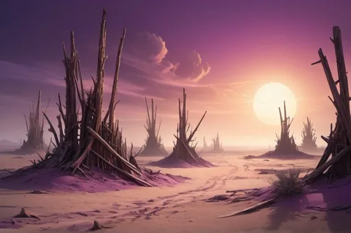 Prompt: Fantasy-style artwork of a purplesand desert wasteland, destroyed wooden  masts, haunting atmosphere, high-quality, detailed fantasy, warm tones, intense sunlight, post-apocalyptic, mystical, eerie, detailed textures, surreal, atmospheric lighting, asymmetric, irregular 