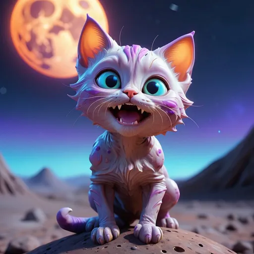 Prompt: ((best quality)), ((illustration)), ((masterpiece)), bright  colors, unreal engine, highres, cute alien kitten
on the surface of the moon, glowing blue orange and purple; meteor shower in background, highly detailed