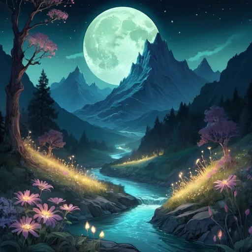 Prompt: Mountain with glowing river, in the style of Alfonse Mucha, magical creatures, fireflies, moonlit flowers, highres, fantasy, ethereal lighting, detailed nature, mystical, moonlit river, enchanting atmosphere, glowing flora, serene, dreamlike, fantasy creatures, moonlit scene, magical beings, surreal, whimsical, illuminated hill, mystical setting, moonlit landscape, fairytale, vibrant colors, soft moonlight, illustration, photograph