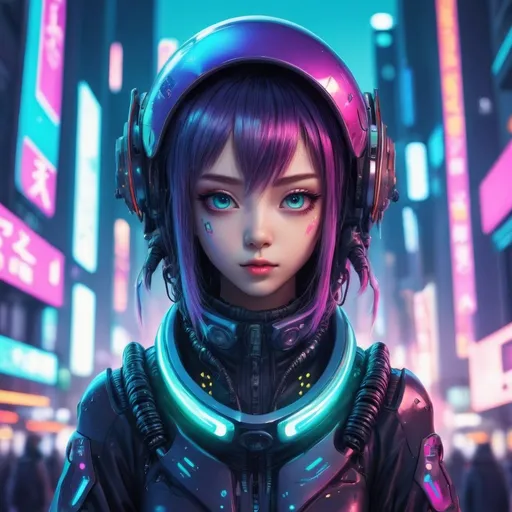 Prompt: Futuristic anime illustration of adorable aliens, vibrant and colorful cyber city backdrop, high-tech collar, detailed eyes, kawaii, cyberpunk, futuristic, highres, vibrant lighting, anime style