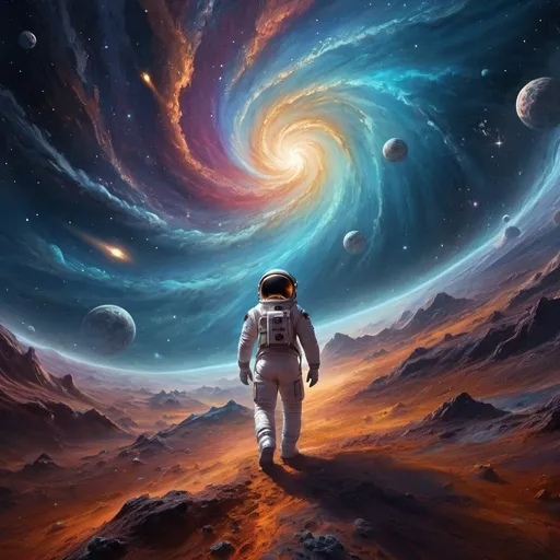 Prompt: Vast cosmic landscape, swirling galaxies, astronaut taking a bold step into the unknown, cosmic dust and gas clouds, high-res, ultra-detailed, digital painting, awe-inspiring adventure, deep space exploration, mysterious and sublime, stars whispering secrets, epic space journey, captivating colors, cosmic lighting, surreal, cosmic exploration, majestic starscape