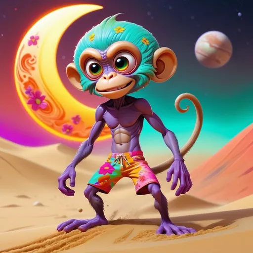 Prompt: violent bright Moon storm , happy multicolored space monkey alien wearing flowered board shorts cartoon creatures , sand storm action on the sand waves on Mars, vibrant colors, playful demeanor, alien flowered landscape, otherworldly plants, best quality, high resolution, vibrant, cartoon, cute, whimsical, otherworldly, playful, expressive eyes, alien landscape, vibrant colors, professional