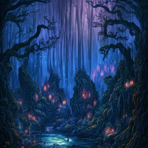 Prompt: Dark forest with glowing river, small gargoyle like creatures throughout the forest, fireflies, moonlit flowers, highres, fantasy, ethereal lighting, detailed nature, mystical, moonlit river, enchanting atmosphere, glowing flora, serene, dreamlike, fantasy creatures, moonlit scene, magical beings, surreal, whimsical, illuminated hill, mystical setting, moonlit landscape, fairytale, vibrant colors, soft moonlight