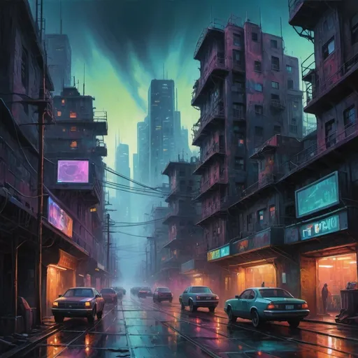 Prompt: Hyperwave oil painting of a dystopian cityscape, ultra-detailed, highres, vibrant colors, dark and moody, futuristic buildings towering over slums, polluted sky, eerie glow from neon signs, high-tech surveillance drones, gritty and industrial, dynamic brushstrokes, atmospheric lighting, oil painting, dystopian, bright pastel colors, futuristic buildings, polluted sky, eerie glow, high-tech surveillance, industrial, dynamic brushstrokes, moody atmosphere