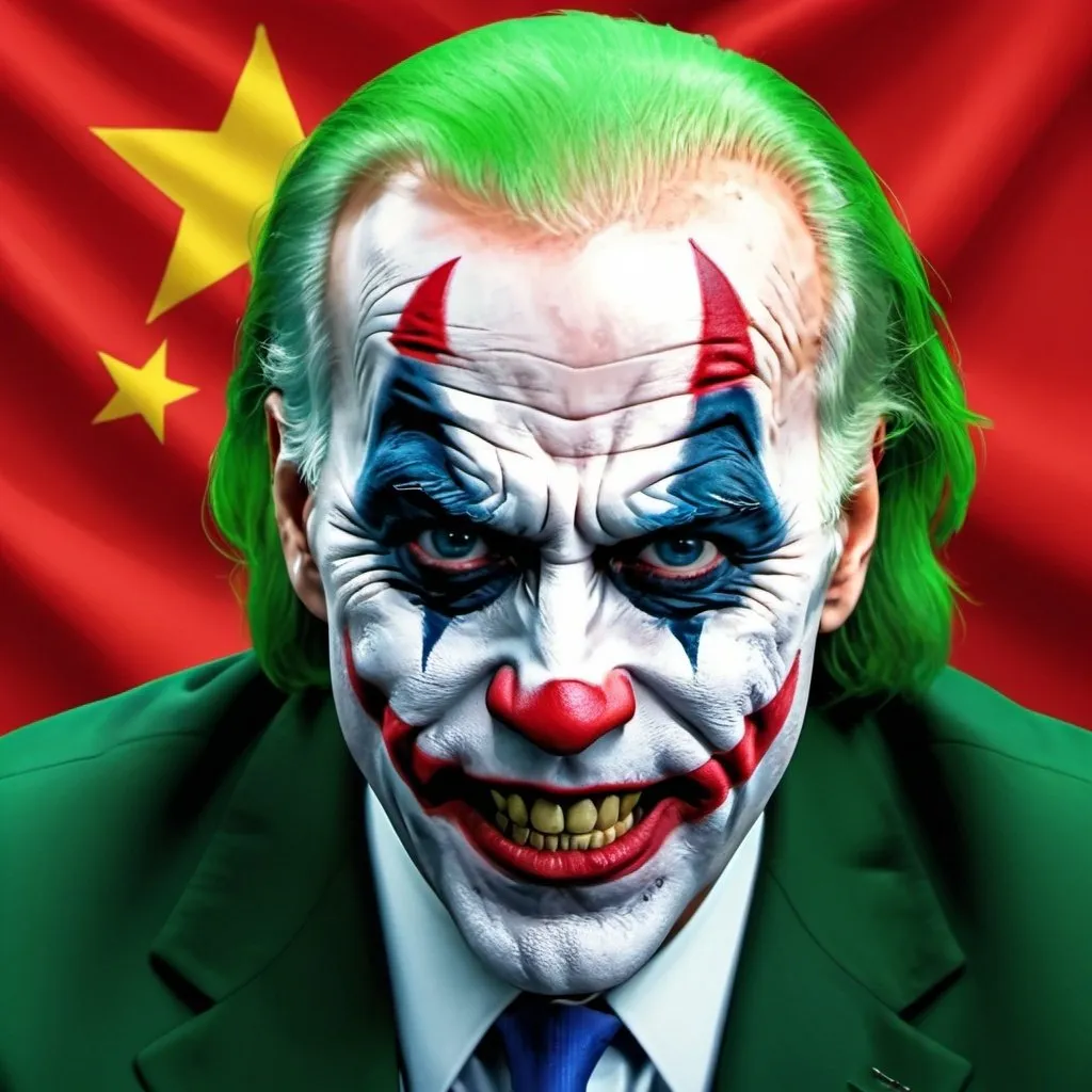 Prompt: Hyper real image, high definition, dramatic, mad evil single image as Joker face ofJoe Biden, in style of the Joker movie character with China flage background