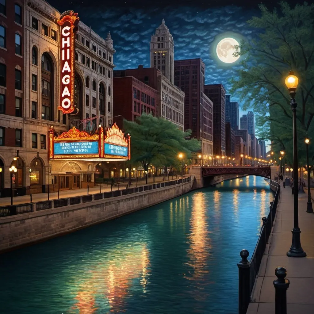 Prompt: Chicago theater district at night, moonlit river, bright, multicolored, William Morris style, enchanting atmosphere, glowing flora, serene, dreamlike, fantasy, hi-res, hyper realistic, fantasy, moonlit river, theater district, William Morris style, enchanting atmosphere, glowing flora, dreamlike, bright, multicolored, serene, hi-res, hyper realistic