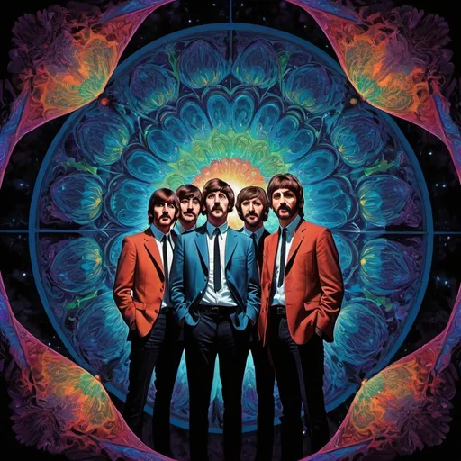 Prompt: Psychedelic contemporary artwork of the four Beatles, Nicole Wharton's transformation, centered, painted, symmetry, intricate, volumetric lighting, dan mumford, marc simonetti style, astrophotography, rich deep colors, ultra detailed, sharp focus, beautiful masterpiece, psychedelic, contemporary, transformation, symmetry, intricate details, volumetric lighting, dan mumford style, marc simonetti, astrophotography, deep colors, ultra detailed, sharp focus