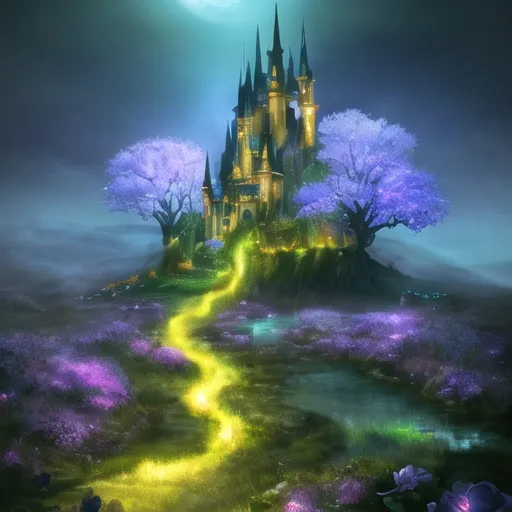 Prompt: Hill with glowing river, magical creatures, moonlit flowers, highres, fantasy, ethereal lighting, detailed nature, mystical, moonlit river, enchanting atmosphere, glowing flora, serene, dreamlike, fantasy creatures, moonlit scene, magical beings, surreal, whimsical, illuminated hill, mystical setting, moonlit landscape, fairytale, vibrant colors, soft moonlight