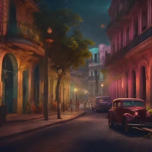 Prompt: create a close up romantic style street scene in Havana in the 1930 at night, street lights illuminating, bright flowers, trees, people walking, colorful buildings of the period, ,unreal engine, highly detailed, best quality, highres, bright colors, glimpse of ocean in background, illustration, masterpiece, atmospheric lighting, surreal, futuristic, vibrant tones, otherworldly, intense colors, vibrant atmosphere