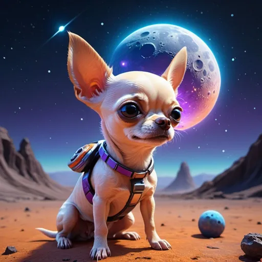 Prompt: ((best quality)), ((illustration)), ((masterpiece)), bright  colors, unreal engine, highres, cute alien creature on the surface of the moon, with tiny pet chihuahua dog, glowing blue orange and purple; meteor shower in background, highly detailed