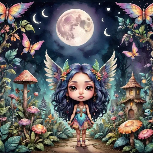 Prompt: Vibrant watercolor illustration of a mystical bohemian garden, moonlit atmosphere, diverse winged creatures, groovy patterns with colorful and diverse shapes, kawaii chibi style, detailed flora and fauna, highres, bohemian, moonlight, vibrant watercolor, diverse winged creatures, chibi, groovy patterns, colorful, mystical atmosphere, detailed illustration, 16:9 aspect ratio, atmospheric lighting