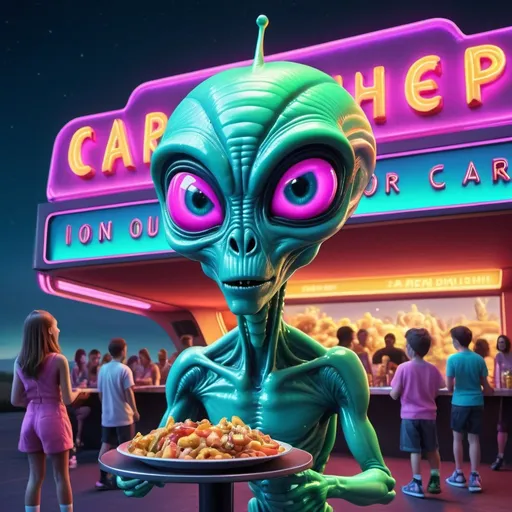 Prompt:  Alien outdoor movie theater with cute multi-colored cute alien creatures watching monster movie on screen , carhop on roller skates serving food,  futuristic neon-lit environment, high-tech 3D rendering, vibrant colors, whimsical alien creatures, towering structure, detailed alien food, vivid lighting, high quality, 3D rendering, futuristic, vibrant neon colors, whimsical, detailed environment