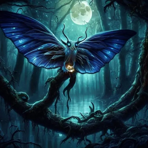 Prompt: Moonlit forest scene with cute moth like creature, detailed water ripples, highres, detailed scales, atmospheric lighting, moonlit, stars reflecting, deep forest, mysterious ambiance, night scene, etherial, colorful, detailed eyes, detailed wings,  professional, eerie, high-quality