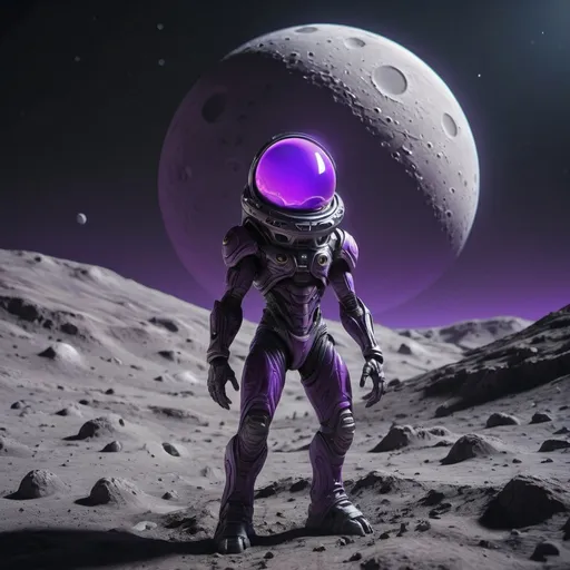 Prompt: ((best quality)), ((illustration)), ((masterpiece)), bright  colors, unreal engine, highres, alien on the surface of the moon, glowing purple; highly detailed