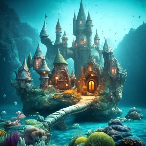 Prompt: Small underwater elegant Hobbit style castle, aqua blue water, surreal landscape, highres, vibrant, surreal, underwater, detailed architecture, colorful fish, vibrant plants, dreamy, fantasy, aquatic, ethereal lighting