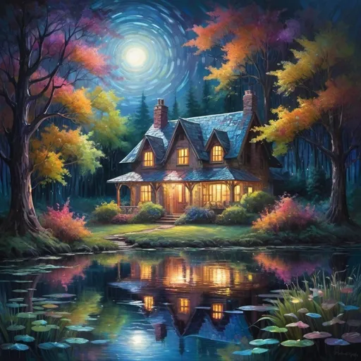 Prompt: magical cottage on rainy night deep dark multicolor forest in hazy moonlight, sitting along the waters of a serene pond shimmer with kaleidoscopic reflections of the changing sky above. Each ripple, a testament to the wind's whisper, reshapes the radiant colors, embodying the transient nature of introspection. 