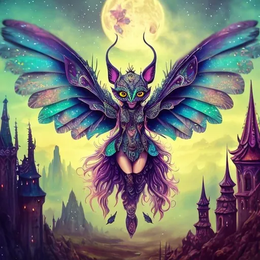 Prompt: mean and evil Fantasy creature,  bohemian with mystical eerie landscape, flying magic insects, kawaii chibi, detailed eyes, vibrant colors, intricate patterns, highres, mystical, whimsical, bohemian, vibrant colors, retro, chibi, celestial, intricate patterns, magic