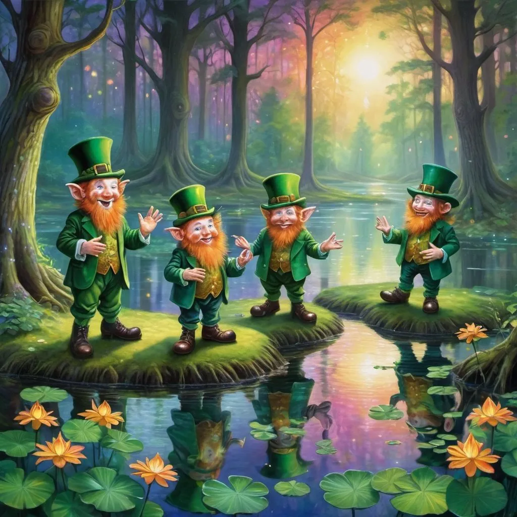 Prompt: gang of leprechaun characters in deep dark multicolor forest,Amidst a quiet forest glade, with fairies dancing in the background around the waters of a serene pond shimmer with kaleidoscopic reflections of the changing sky above. Each ripple, a testament to the wind's whisper, reshapes the radiant colors, embodying the transient nature of introspection. 