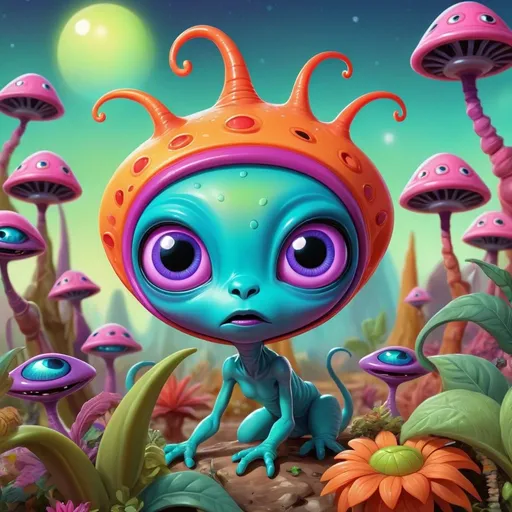 Prompt: Whimsical, cute alien, cartoon style, girlie bling, vibrant colors, large expressive eyes, playful demeanor, alien landscape, otherworldly plants, best quality, high resolution, vibrant, cartoon, cute, whimsical, otherworldly, playful, expressive eyes, alien landscape, vibrant colors, professional