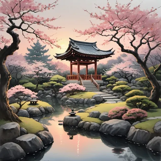 Prompt: Gouache painting of a Japanese garden at dusk, sakura trees, glowing lamps, traditional art medium, tranquil atmosphere, detailed blossoms, serene setting, pastel color palette, soft and warm lighting, high quality, detailed painting, traditional art, Japanese garden, sakura trees, glowing lamps, tranquil atmosphere, pastel colors, soft lighting, detailed blossoms, warm tones, dusk setting, gouache painting, traditional medium