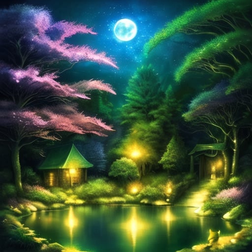 Prompt: Fantasy illustration of a magical forest, mysterious moon, cozy atmosphere, warm tones, high quality, enchanting lighting, frog in a pond, detailed foliage, mystical ambiance, peaceful setting, professional, fantasy, magical, cozy, detailed frog, forest setting, warm tones, enchanting lighting