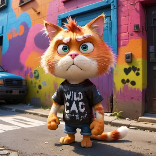 Prompt: wild punk street cat, urban setting, vibrant colors, graffiti-covered walls, exaggerated features, intense gaze, high-quality, detailed fur, surreal, punk, vibrant, urban, graffiti, intense gaze, exaggerated features, professional, atmospheric lighting