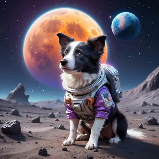 Prompt: ((best quality)), ((illustration)), ((masterpiece)), bright  colors, unreal engine, highres, cute alien border collie puppy creature on the surface of the moon, with tiny pet pig in a space suit, glowing blue orange and purple; meteor shower in background, highly detailed
