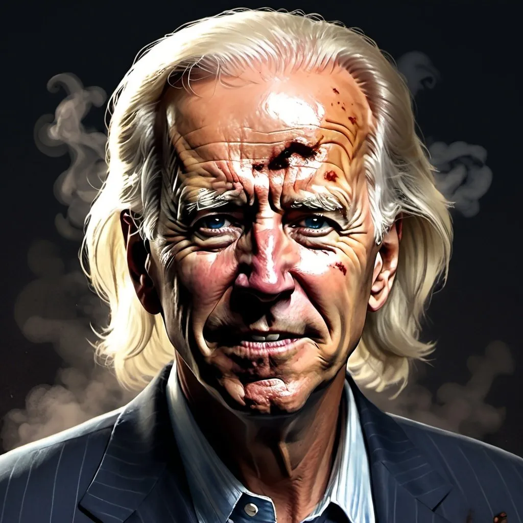 Prompt: Character illustration of Joe Biden as a slovenly hippie evil executioner, drunk, lazy, sleazy, unkempt, smoking a cigar, gritty style, dark and intense, sinister expression, messy hair, disheveled clothing, detailed facial wrinkles, moody lighting, cigar smoke, grungy, sinister, unkempt, detailed facial features, dark tones, gritty texture