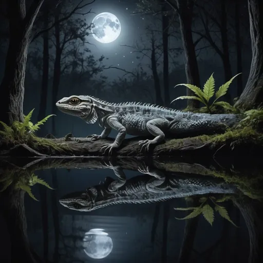 Prompt: Moonlit forest scene with water reflection, eerie lizard creature, dark and mysterious, highres, detailed water ripples, moonlit, stars reflecting, deep forest, eerie lizard, detailed scales, atmospheric lighting, night scene, mysterious ambiance