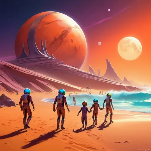 Prompt: Lively beach scene on Mars, Martian families playing in the space surf and moonlight, vivid colors, high quality, digital painting, futuristic beachwear, futuristic architecture in the background, playful atmosphere, warm lighting, Martian landscape, moonlit waves, sandy dunes, joyful expressions, space surf, moonlight, vibrant colors, futuristic, lively, beach scene, Martian families, digital painting, warm lighting