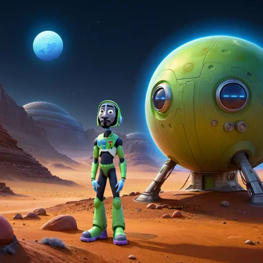 Prompt: Snoop Dog as Martian standing in front of small dwelling on Mars, blue moonlight, detailed facial features, futuristic sci-fi illustration, vibrant colors, imaginative, highres, ultra-detailed, alien, LGBTQ+, unique design, atmospheric lighting, otherworldly, futuristic fashion, cosmic landscape