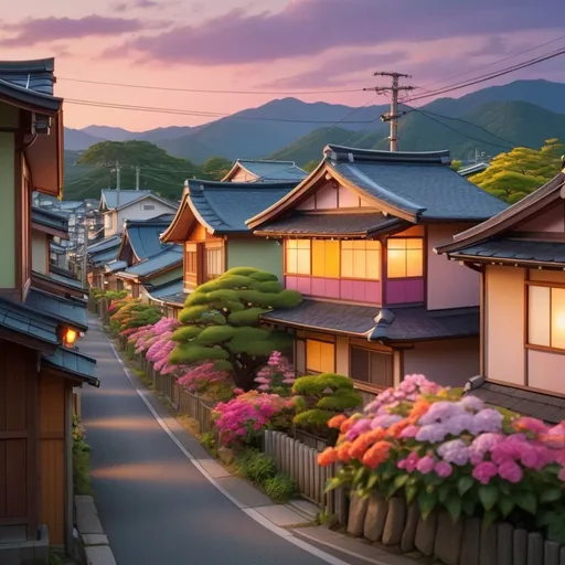 Prompt: Hiroshima countryside landscape on at dusk, glowing lights in windows, close-up of colorful houses, vibrant evening street atmosphere, no people, high quality, landscape, anime, bright colors, flowers, rural, summer vibes, energetic, warm lighting