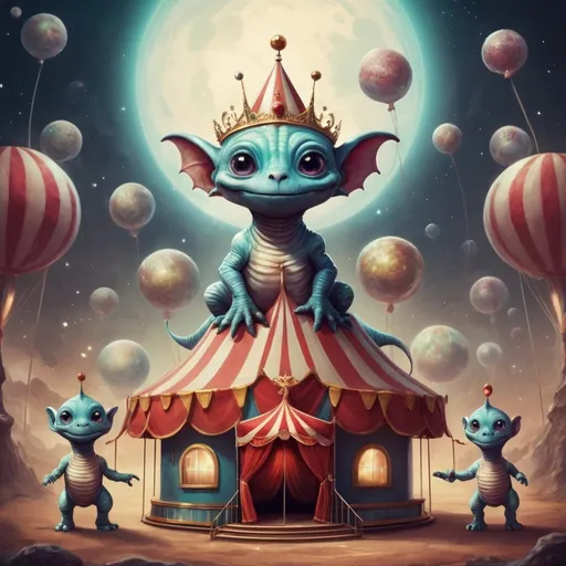 Prompt: Space circus with cute aliens.  The image should convey a sense of regal majesty, power, and dominance, reflecting the noble lineage and formidable nature of House Draconis.